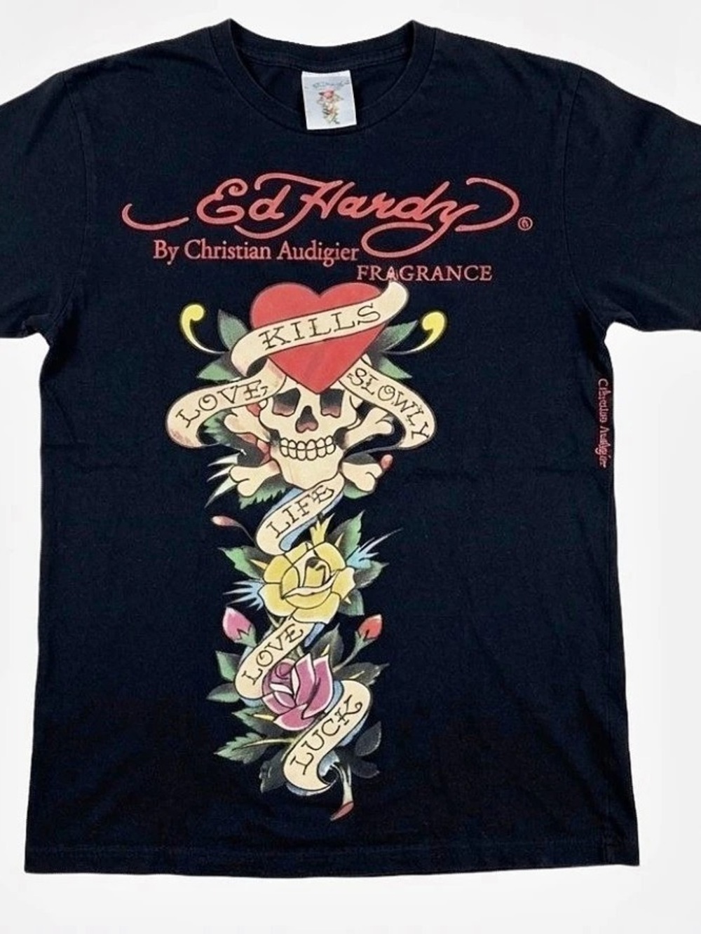 Y2K Ed Hardy Love Kills Slowly Tiger Skull Graphic T-Shirt Tee Black
